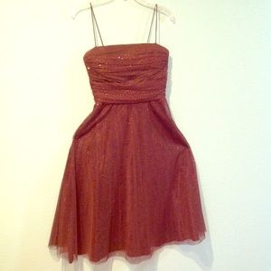 Sparkly gold on chocolate brown cocktail dress